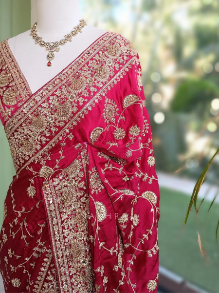 Rubani Aks Deep Red Crepe Saree