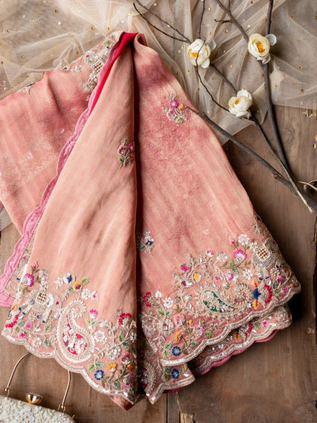 Gajgamini Peach Tissue Saree with Embroidery and Zari Sequin Work