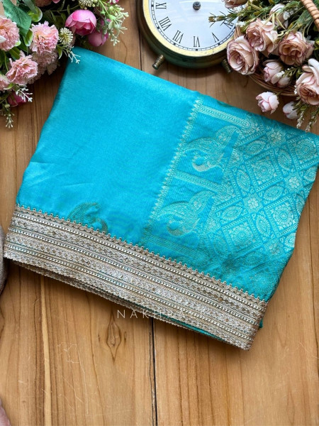 Tavira Rama Saree with Broad Border and Unstitched Blouse Piece