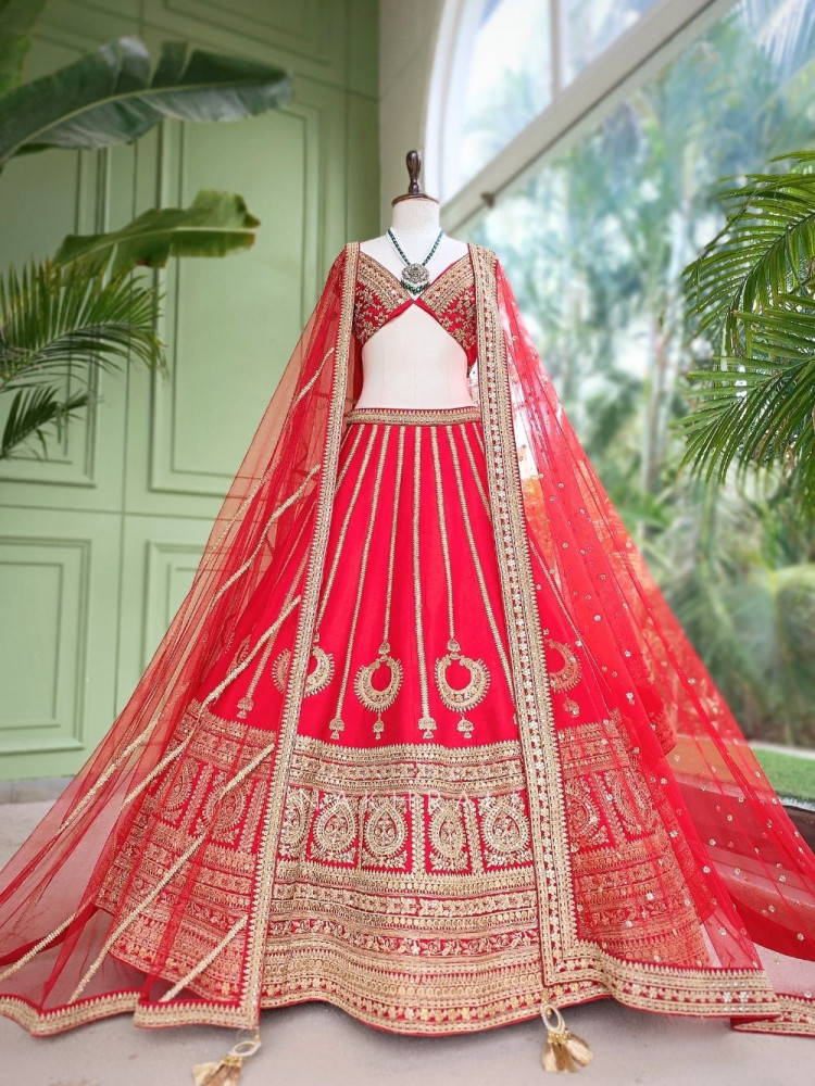 Image of Jharokha Palace Crimson Red Bridal Lehenga