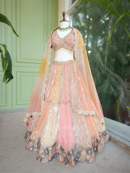 Zivara Peach Lehenga Set with Mirror and Gota Work