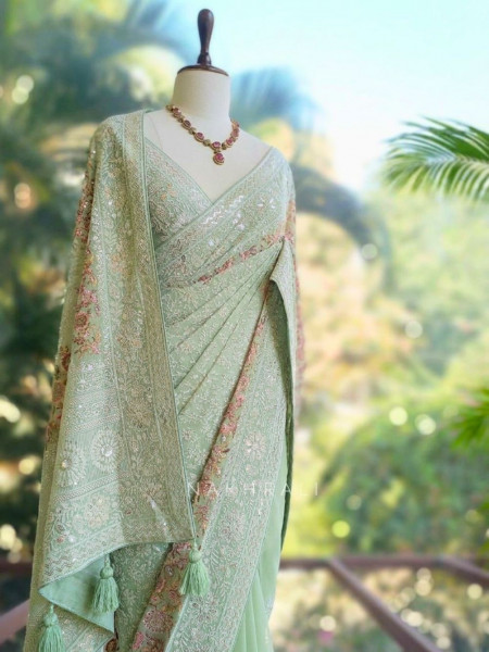 Ecru Grace Pista Green Embroidered Elegance Saree with Sequin Detailing