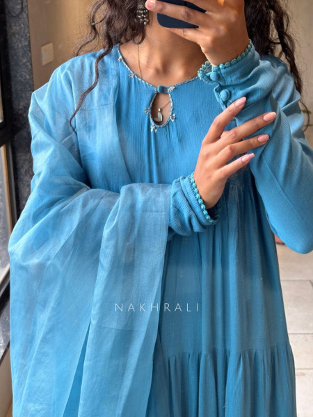 Calira Blue Cotton Anarkali Suit Set with Organza Dupatta