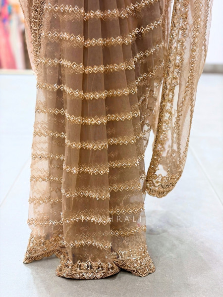 Tishya Beige Italian Silk Net Saree with Readymade Blouse