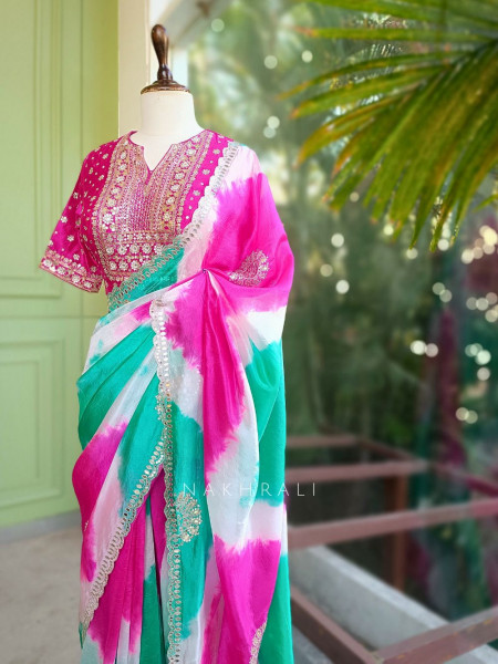 Rangriti Firozi Leheriya Saree with Sequin Gota Blouse