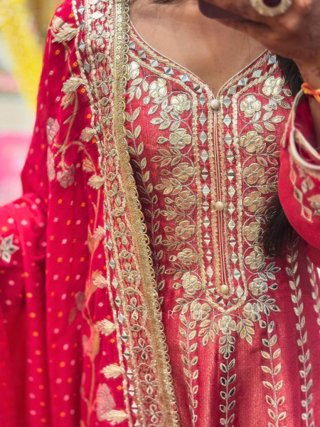 Nooriza Red Anarkali Set with Mirror Gota Patti and Zari Work