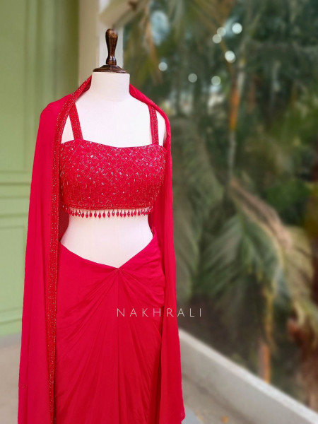 Rivora Red Sequin Cut Dana Crop Top Drape Skirt Set with Cape