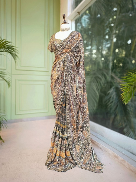 Nakkashi Green Bridal Sequin Zari Saree with Ready Blouse