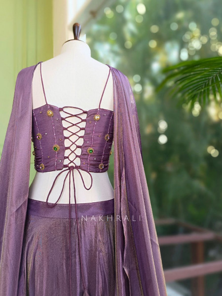 Urban Flare Wine Indo-Western Lehenga Set with Cut Dana and Stone Work