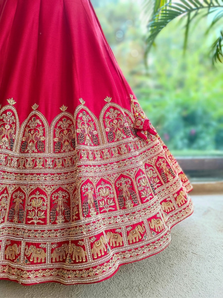 Kritisha Crimson Red Raw Silk, Silk Organza & Tulle Net Bridal Lehenga Set