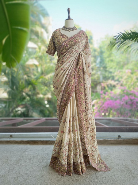 Aroha Cream Embroidered Saree with Stone Work