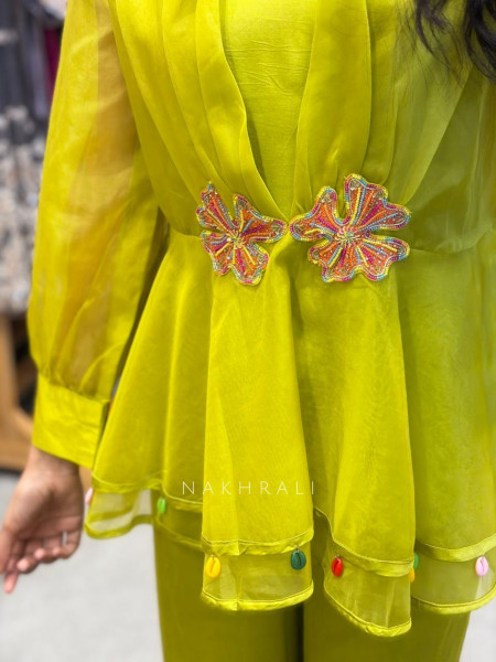 Zarvyn Green Parrot Organza Co-ord Set with Floral Patch Work and Balloon Sleeves