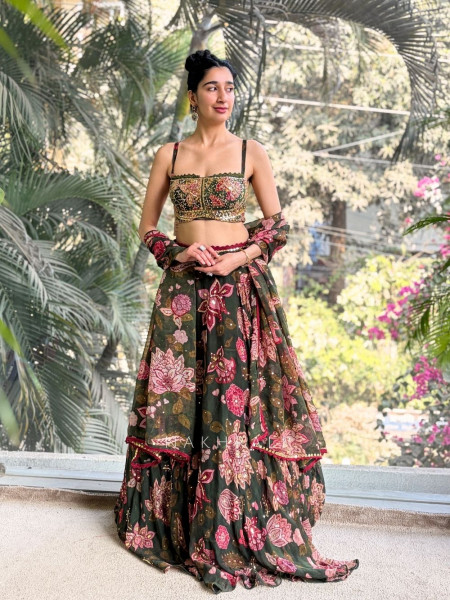 Tiya  Green Floral Lehenga Set with Embellished Blouse