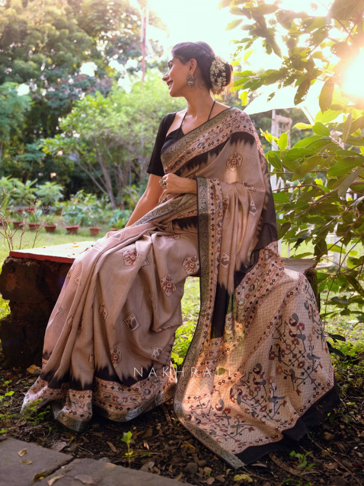 Image of Taruja Beige Silk Saree with Traditional Print