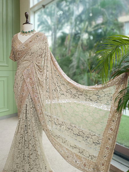 Sereia Beige Chantilly Lace Designer Saree with Readymade Blouse