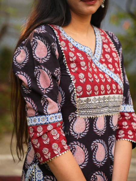 Yasmin Black Cotton Kurta with Sequin Patch Work