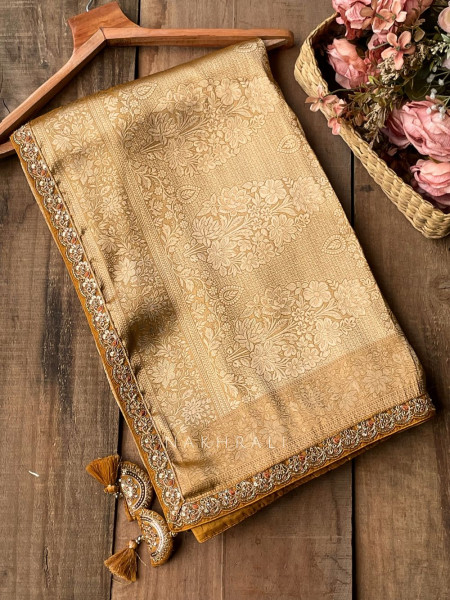 Rivora Mustard Zari Woven Saree with Ornate Border Design