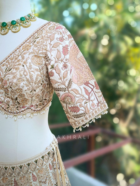 Elara Beige Bridal Indo Western Lehenga with Thread, Stone and Sequin Embroidery