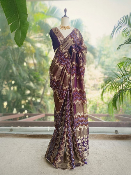 Morvyn Purple Saree with Bandhani Print and Zari Weave