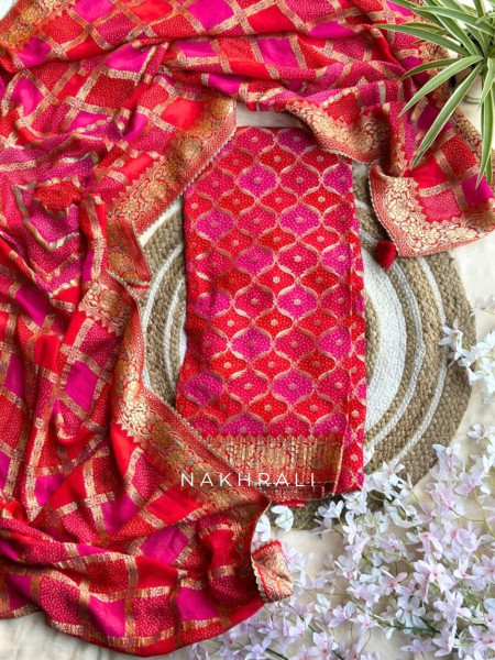 Rang-Kosh  Red Bandhani Pure Georgette Dress Material