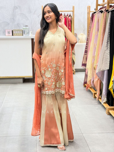 Kesarika Veil Orange Suit Set – Detailed Sequin Work
