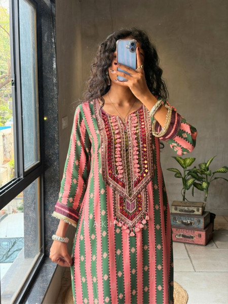 Kairaa Gajari Straight Dress with Mirror and Embroidery Work