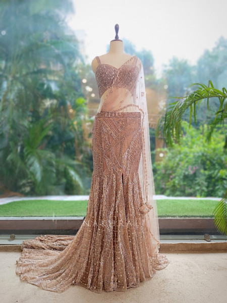 Cressida Beige Net Indo-Western Fishtail Lehenga Set