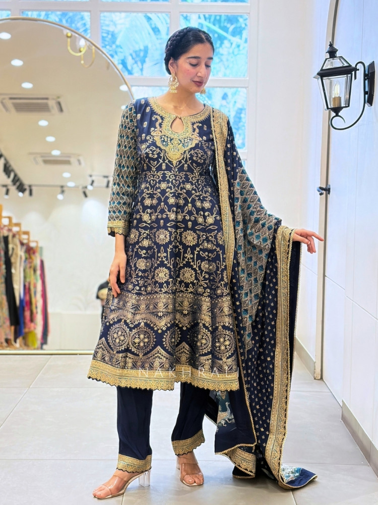 Image of Dariya Navy Blue Silk Brocade Short Anarkali Suit