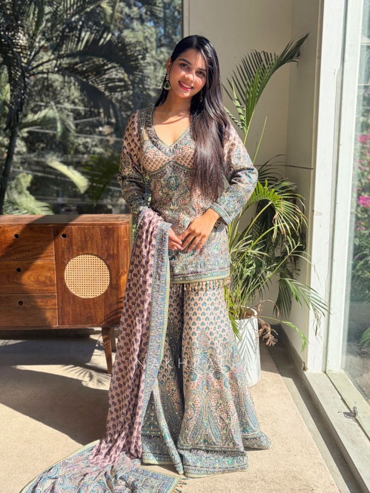 Image of Aarini Beige Gharara Suit Set with Stone Work