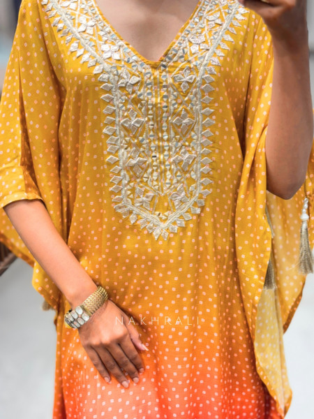The Pop Yellow Kaftan Set with Gota Patti Work