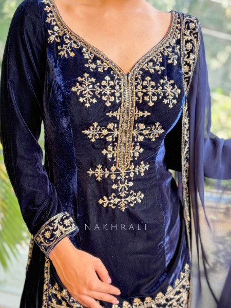 Valencia Navy Blue Velvet Kurta Palazzo Set with Zari Sequin Work
