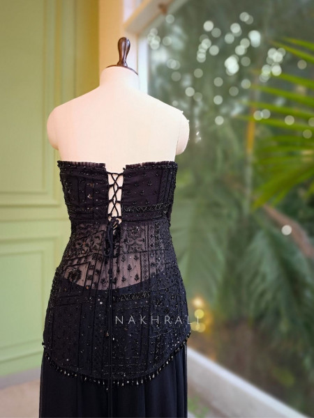 Nocturne Black Embellished Crop Top Palazzo Set