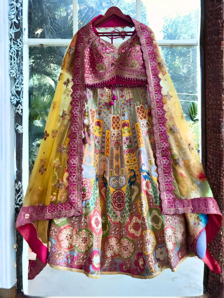 Jharokha Multicolor Lehenga with Mirror and Bead Work