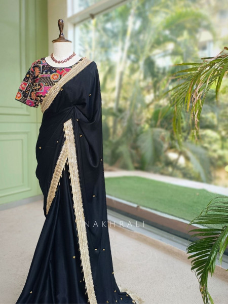 Rati Black Saree with Gota Patti Border & Multicolor Embroidered Readymade Blouse