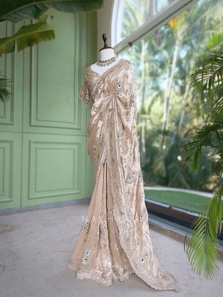 Celestine Beige Crushed Shimmer Silk Tissue & Silk Georgette Blend Saree