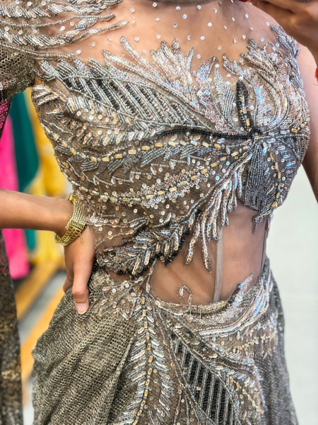 Ilyra Brown Embellished Drape Gown with Cape Detail