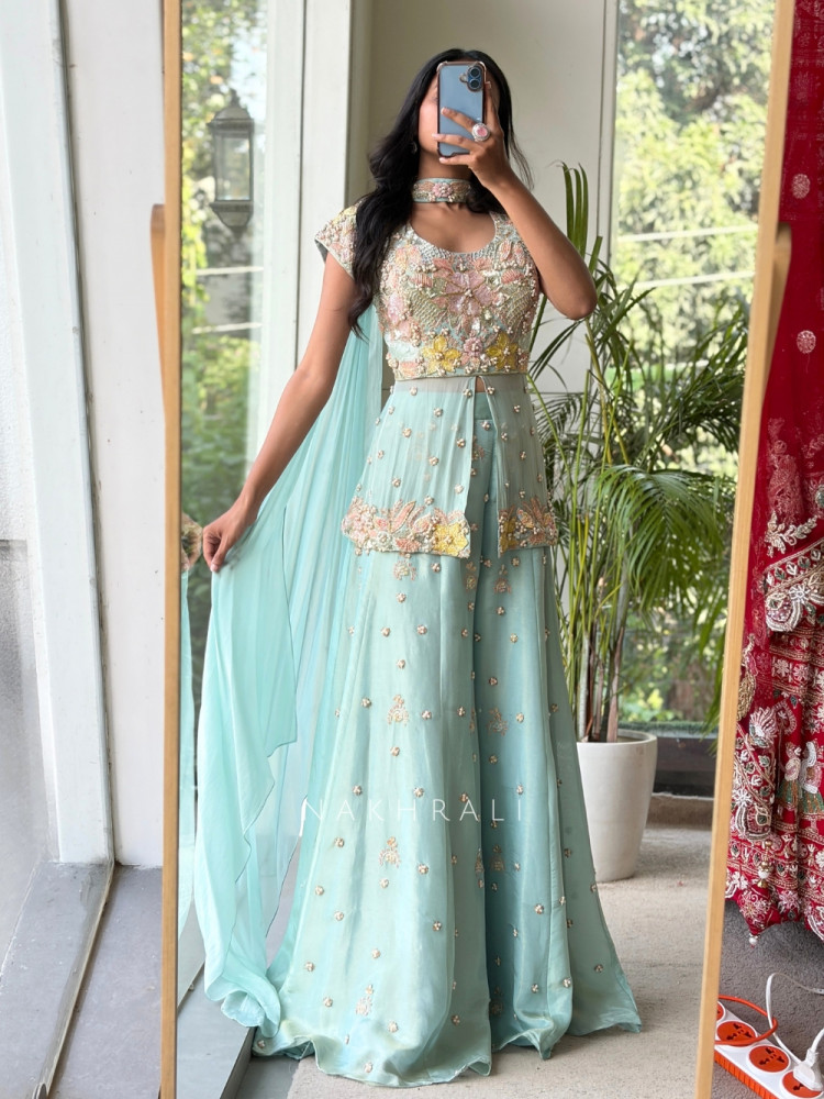 Image of little flower Sky Blue Viscose Georgette Indo Western Sharara Set