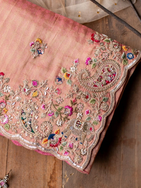 Gajgamini Peach Tissue Saree with Embroidery and Zari Sequin Work