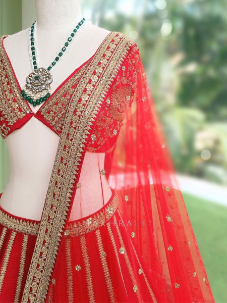 Jharokha Palace Crimson Red Bridal Lehenga