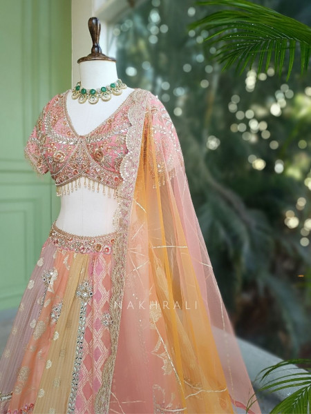 Zivara Peach Lehenga Set with Mirror and Gota Work