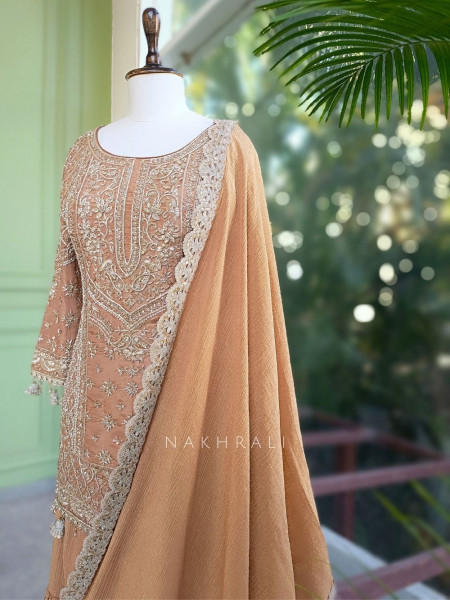 Zaria Beige Festive Gharara Set with Embroidered Kurti