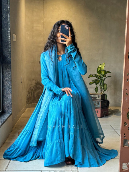 Calira Blue Cotton Anarkali Suit Set with Organza Dupatta