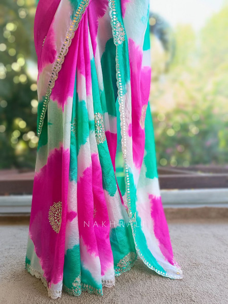 Rangriti Firozi Leheriya Saree with Sequin Gota Blouse