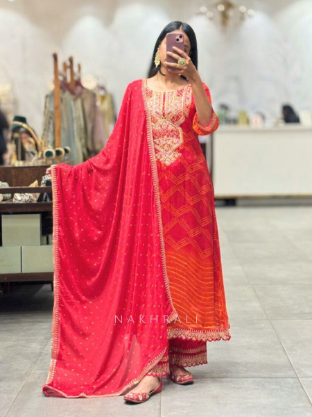 Iravya Red Bandhani Suit Set with Zari & Sequin Work