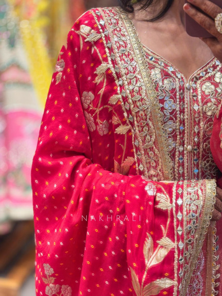 Nooriza Red Anarkali Set with Mirror Gota Patti and Zari Work