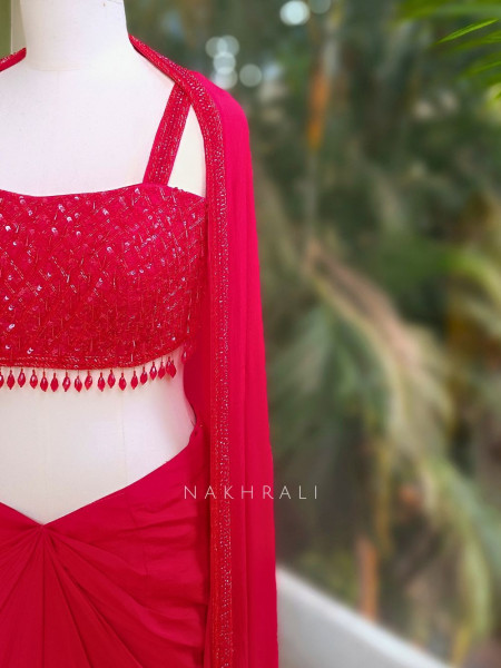 Rivora Red Sequin Cut Dana Crop Top Drape Skirt Set with Cape