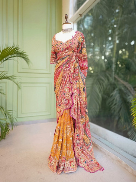 Nakkashi Mustard Bridal Sequin Zari Saree with Ready Blouse