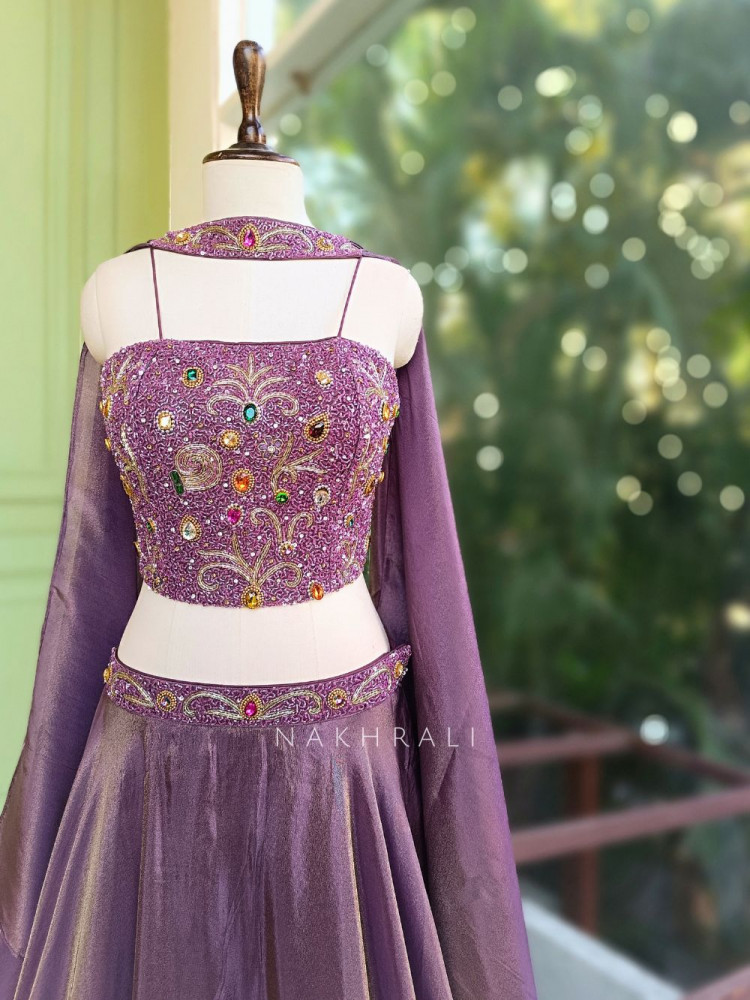 Image of Urban Flare Wine Indo-Western Lehenga Set with Cut Dana and Stone Work