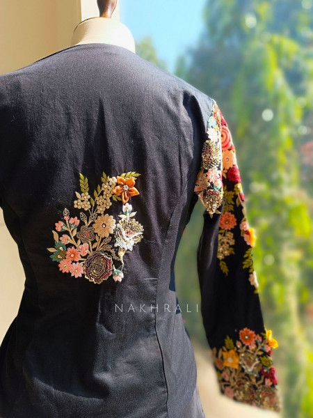 Averra Black Embroidered Jacket Skirt Set