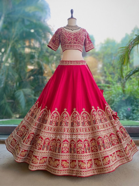 Kritisha Crimson Red Raw Silk, Silk Organza & Tulle Net Bridal Lehenga Set